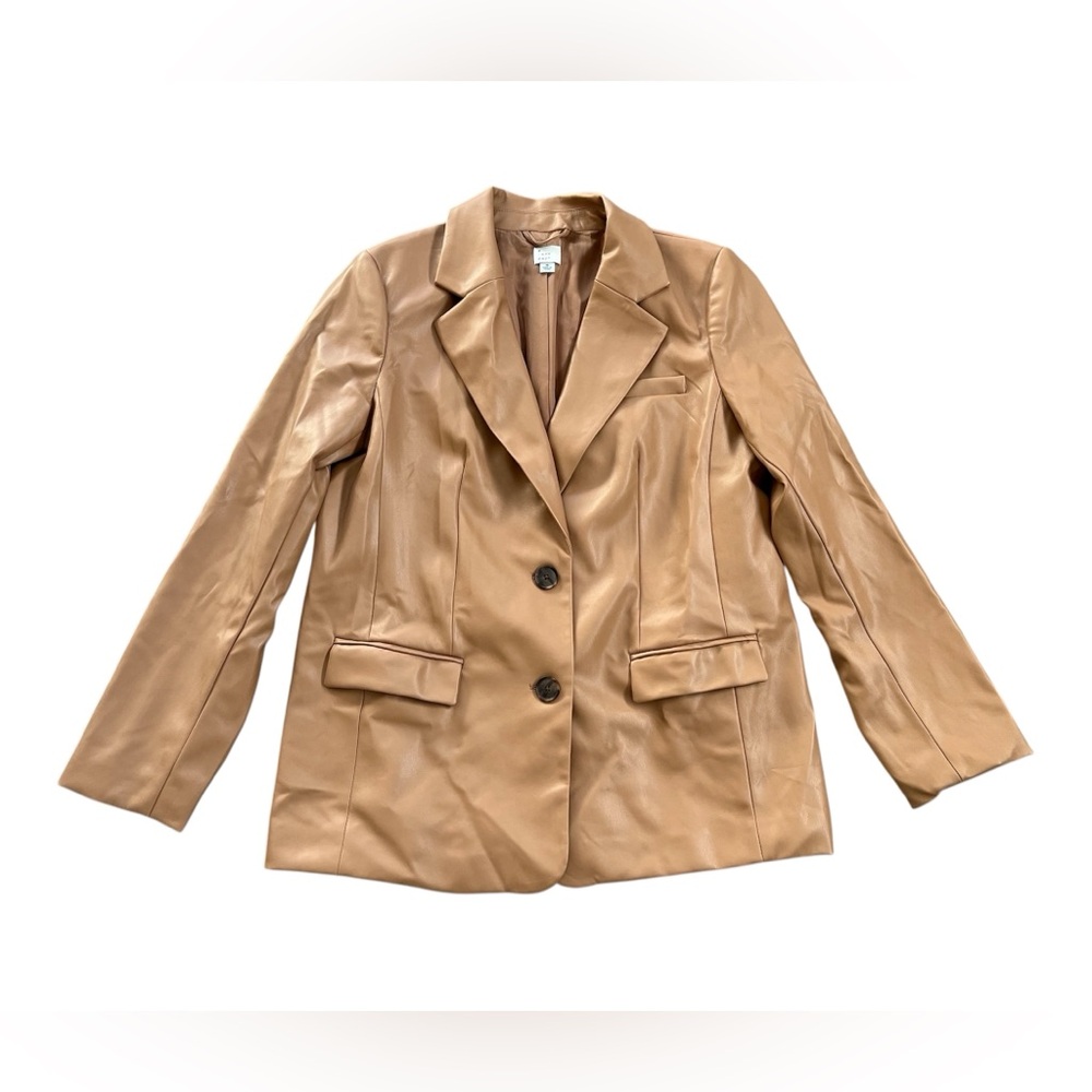 Relaxed Fit Tan Neutral Faux Leather Single Breasted Blazer A New Day Size M